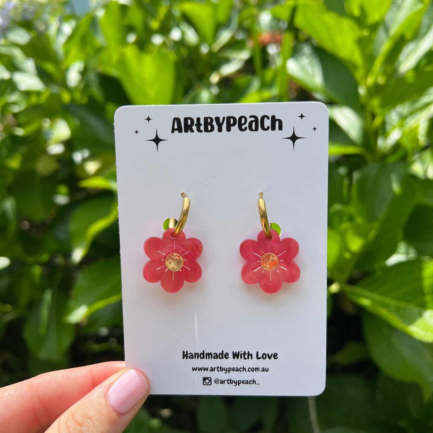 Pink Flower Dangles w Gold