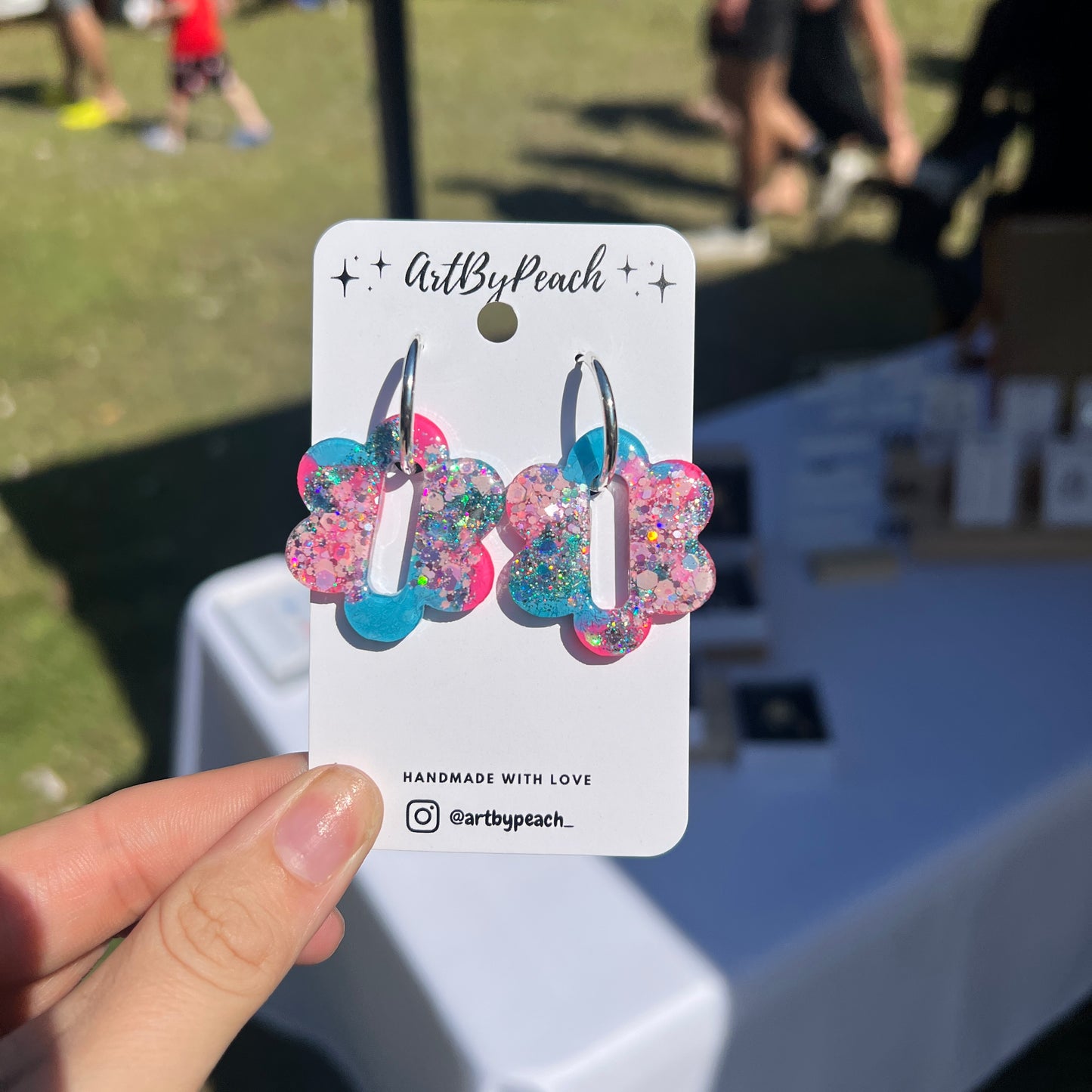 Pink & Blue Resin Flower Dangles on Huggie Hoops