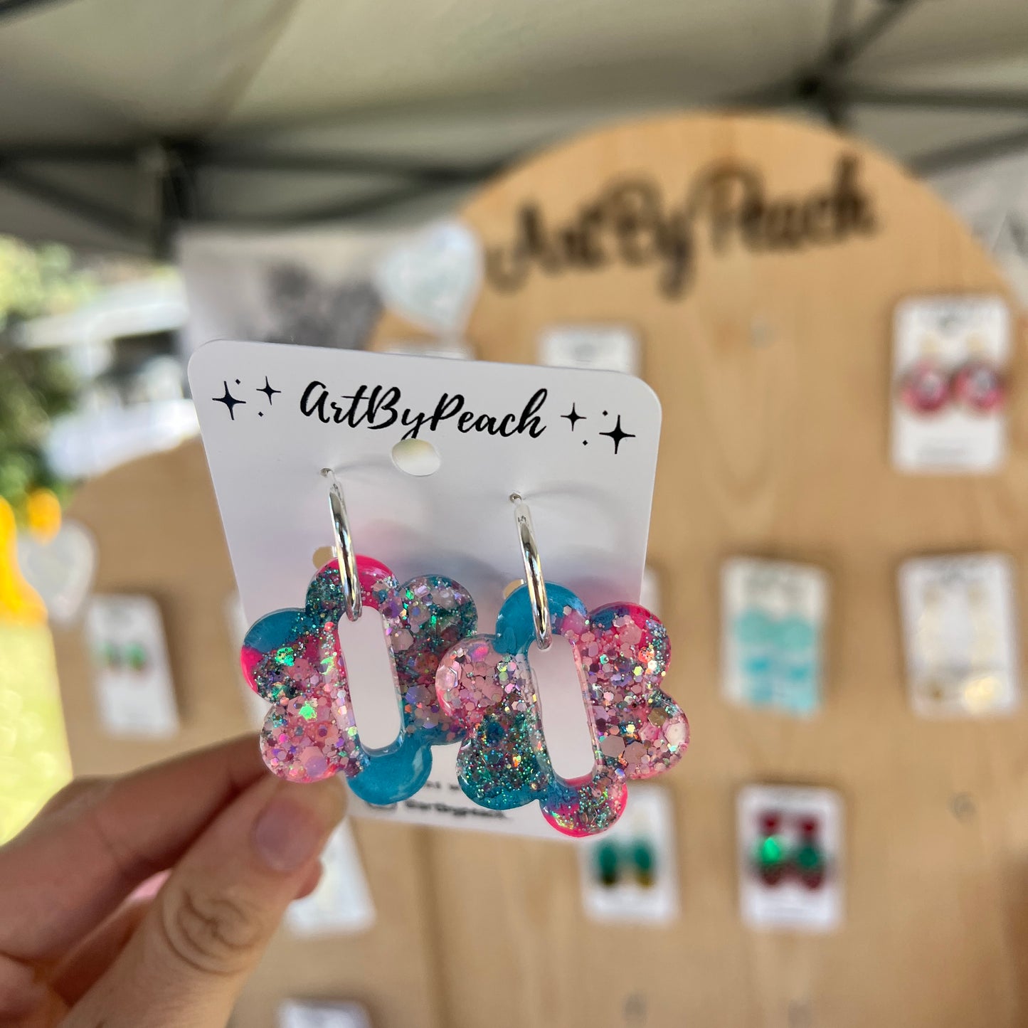 Pink & Blue Resin Flower Dangles on Huggie Hoops