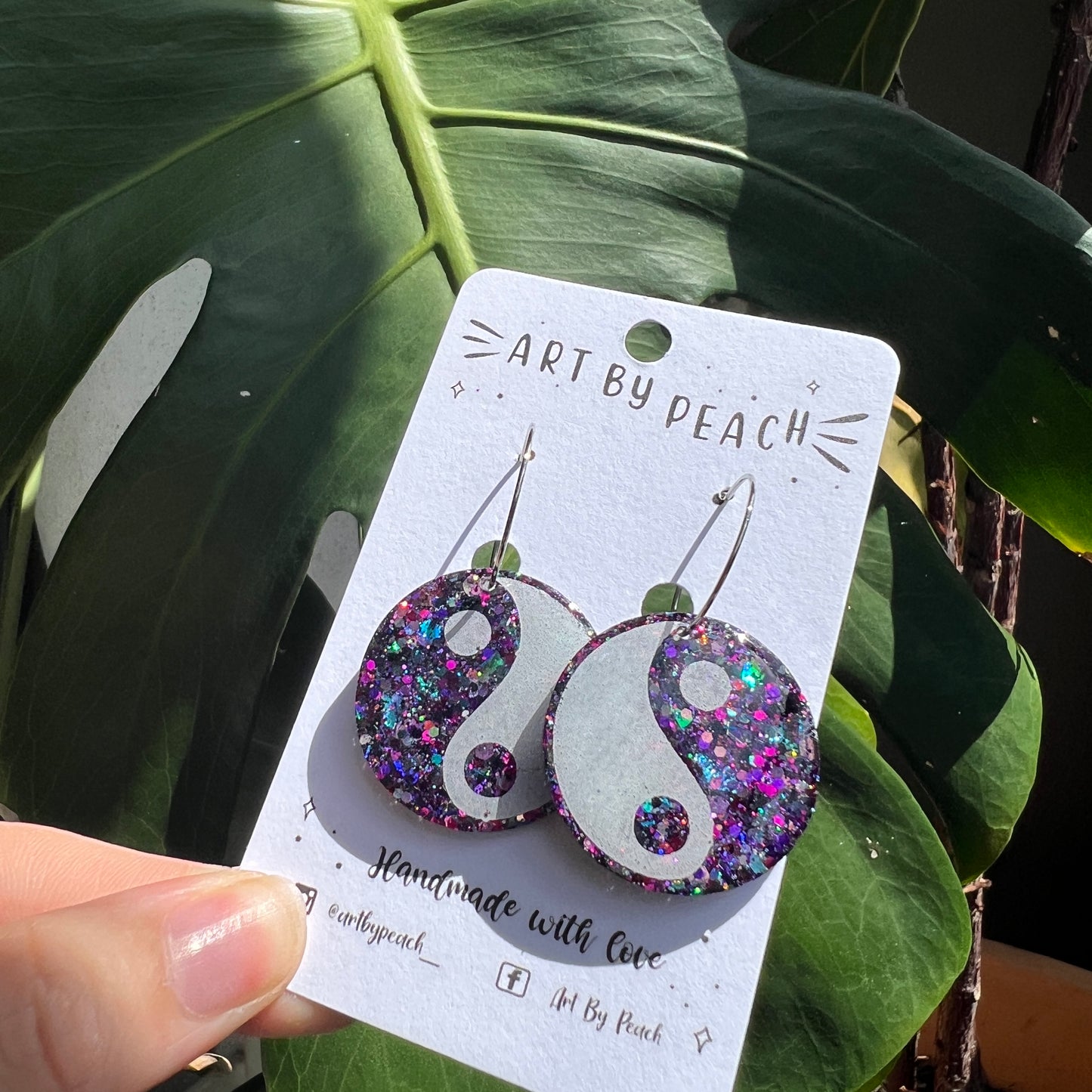 Purple Glittery Yin Yang Hoop Dangles