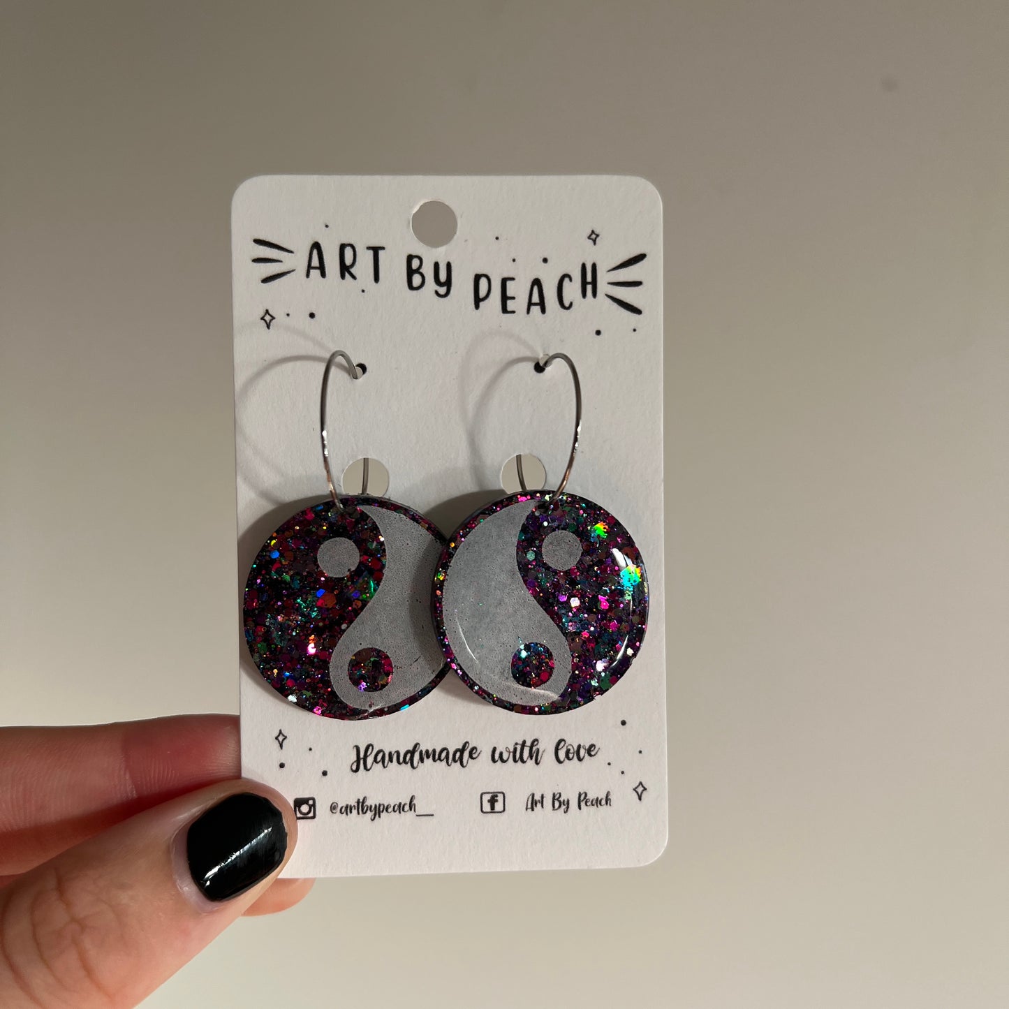 Purple Glittery Yin Yang Hoop Dangles